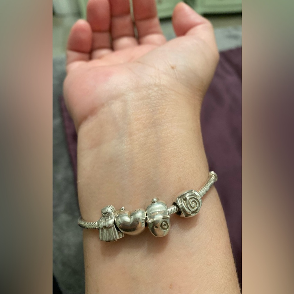 Pandora Silver Charm Bracelet with Heart and Rose - Picture 8 of 9